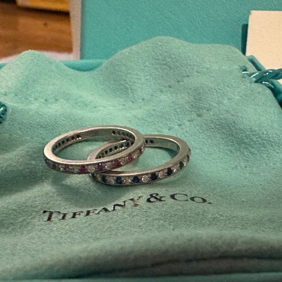 TWO Tiffany Rings- Both Platinum with Full Circle of Diamonds and Sapphires - Picture 3 of 6